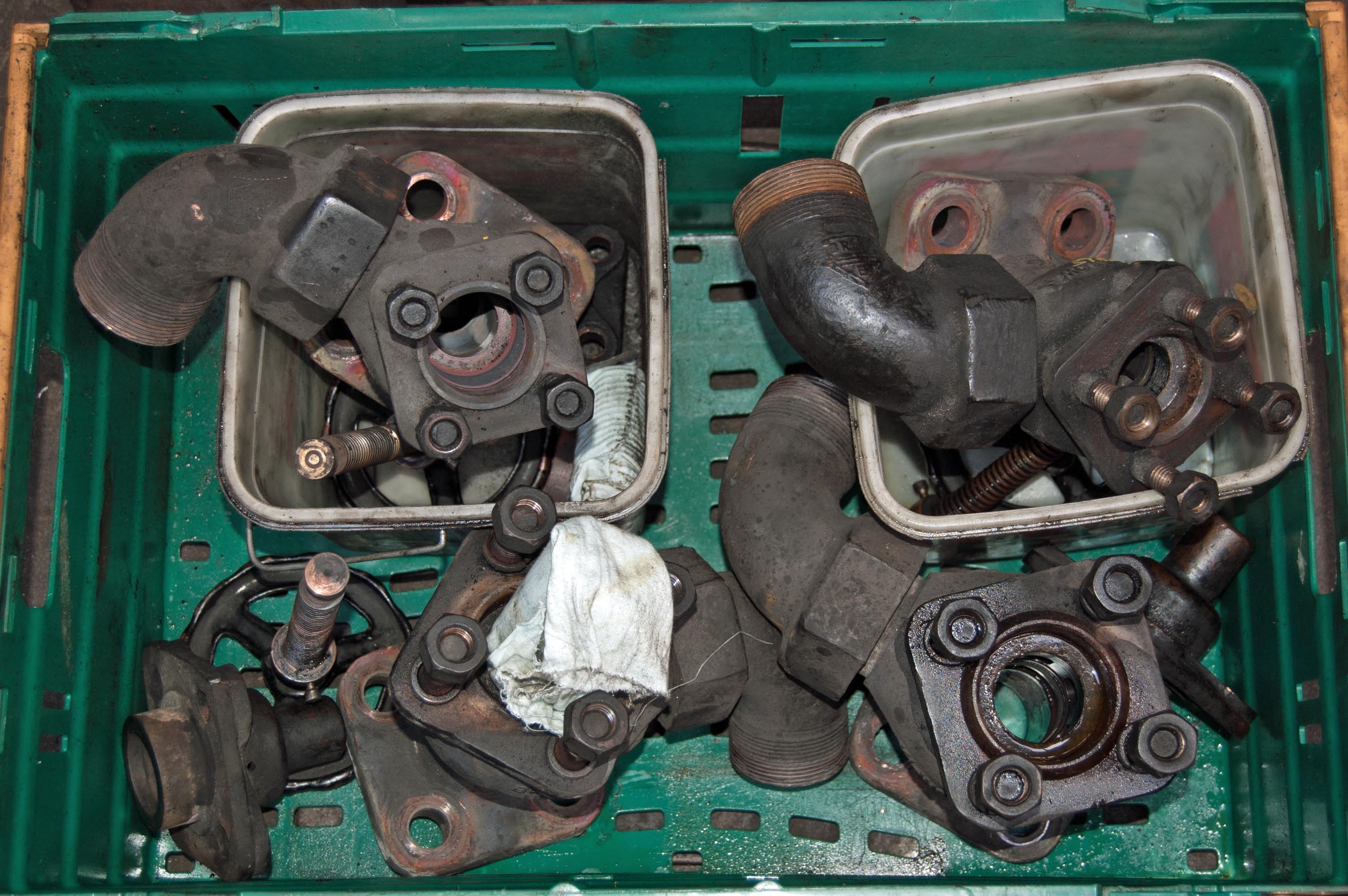 The dismantled housings from the four Klinger valves, which are fitted to the manifold
