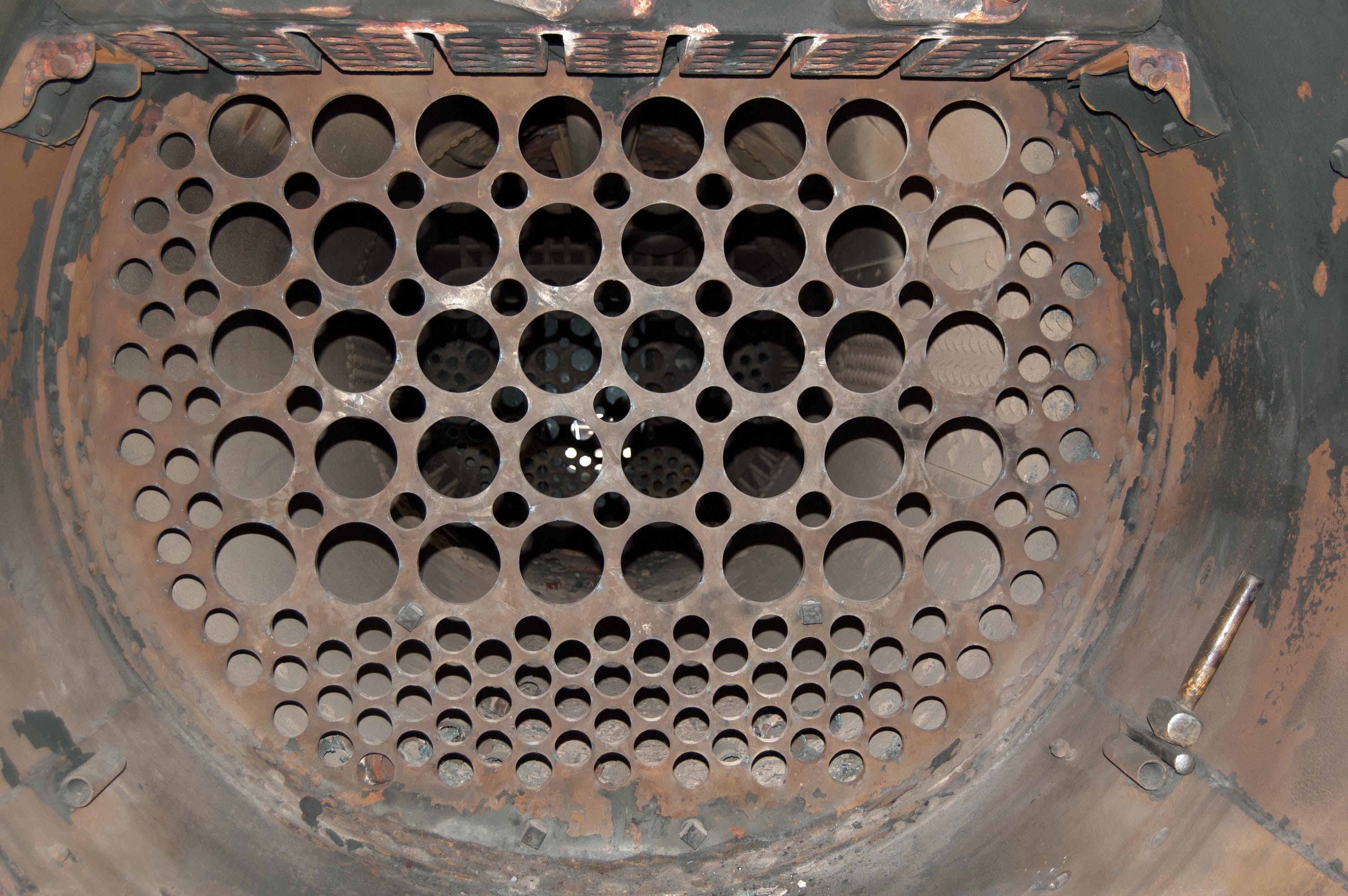 The front tubeplate, seen from the smokebox, after the tubes and flues have been removed