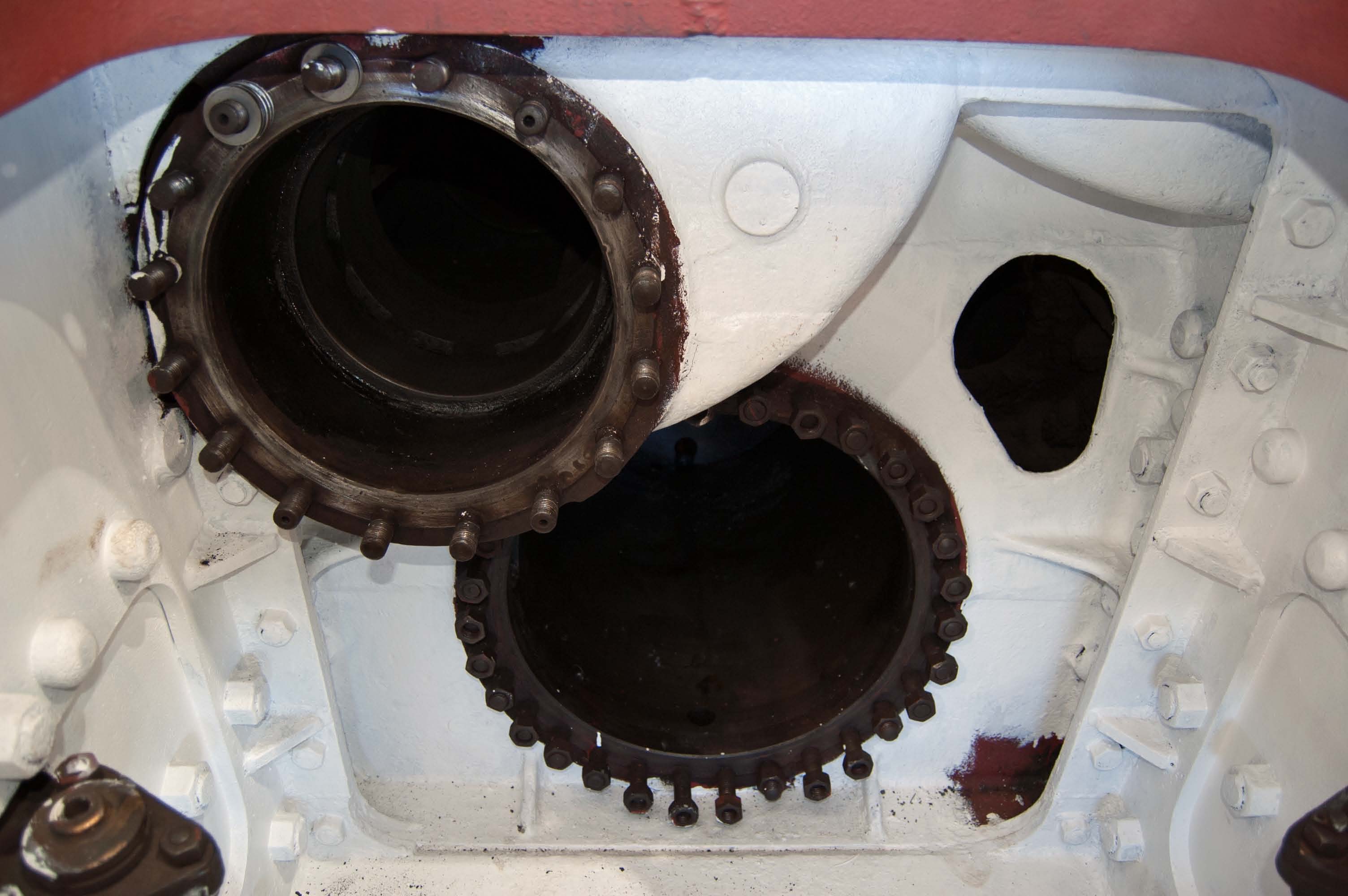 The compartment under the smokebox, showing the middle cylinder and valve chamber