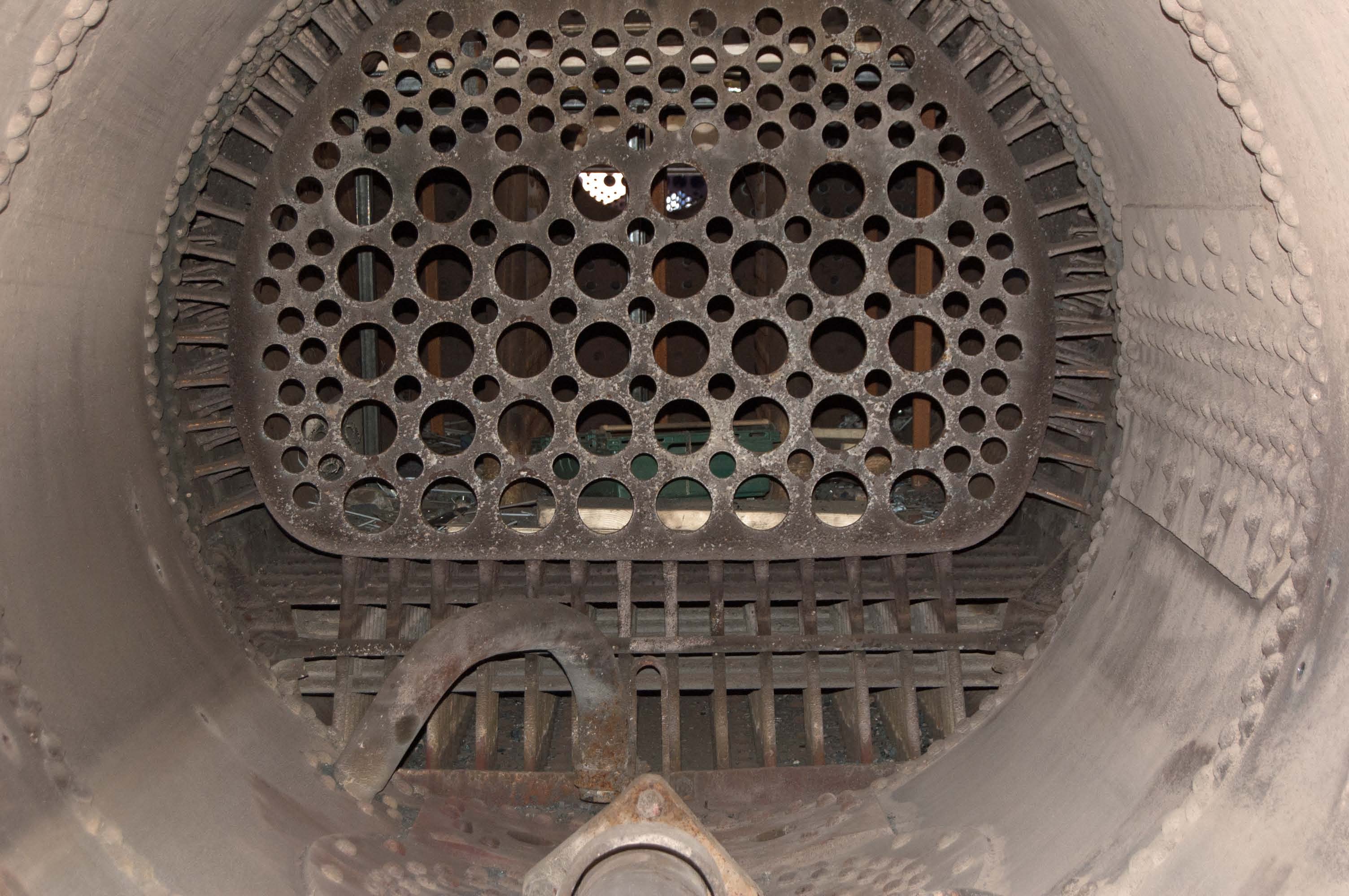 The water side of the rear tubeplate, showing the firebox staying